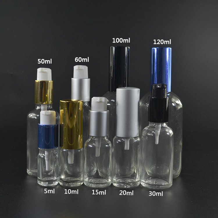 Cosmetic packaging 5ml 10ml 15ml 20ml 30ml 50ml 100ml clear green Cobalt blue amber glass bottle with treatment pump lotion