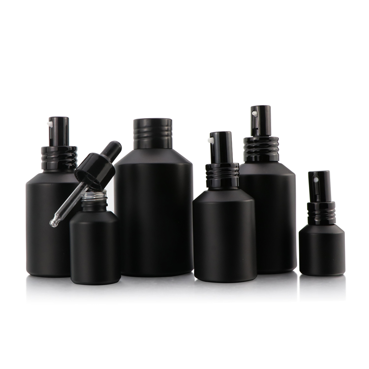 Cosmetic packaging 5ml 10ml 15ml 20ml 30ml 50ml 60ml 100ml dark black frosted glass serum dropper bottle and jar