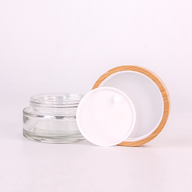 Cosmetic packaging 5ml 15ml 30ml 50ml 100ml 150ml 200ml clear white frosted bamboo wood cap lid face body cream glass jar bottle