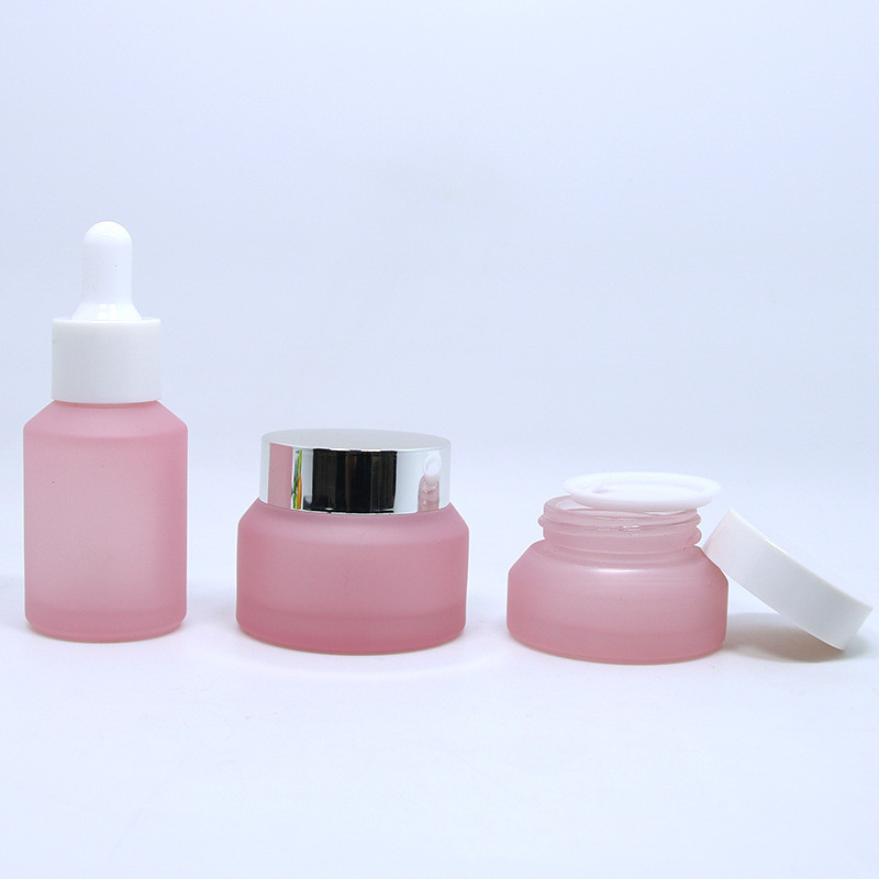 Cosmetic packaging OEM pink matte frosted 20g 30g 50g glass cream jar with silver lid