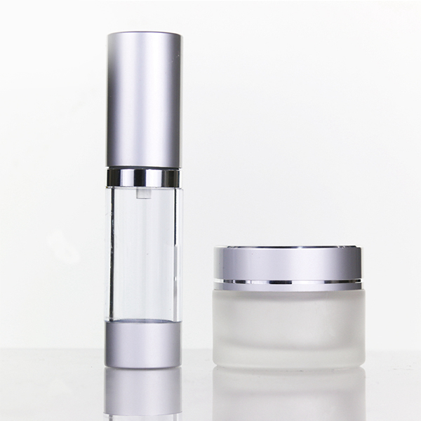 Cosmetic packaging aluminum frosted airless bottle and frosted glass jar