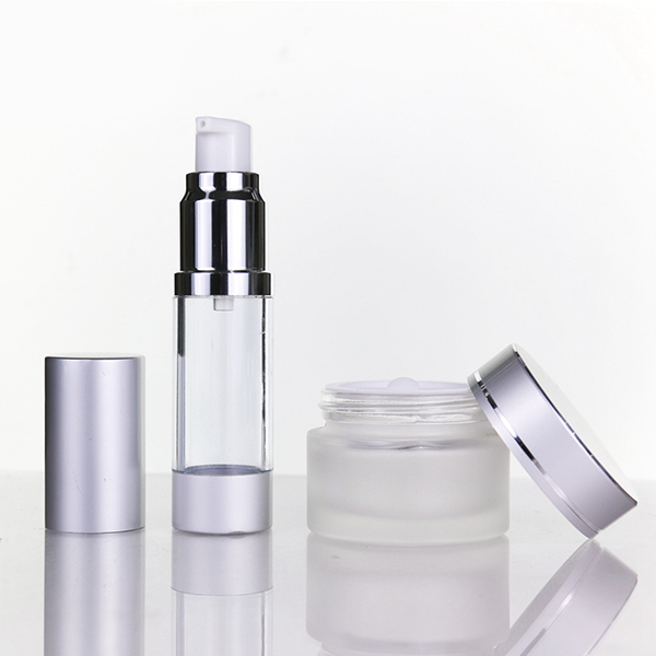 Cosmetic packaging aluminum frosted airless bottle and frosted glass jar