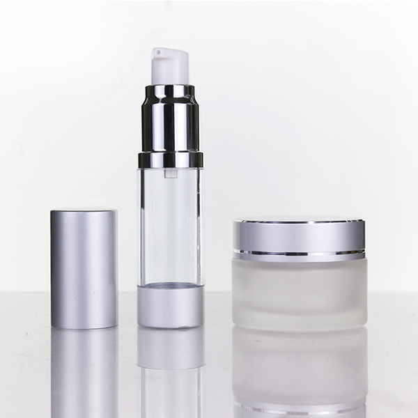 Cosmetic packaging aluminum frosted airless bottle and frosted glass jar
