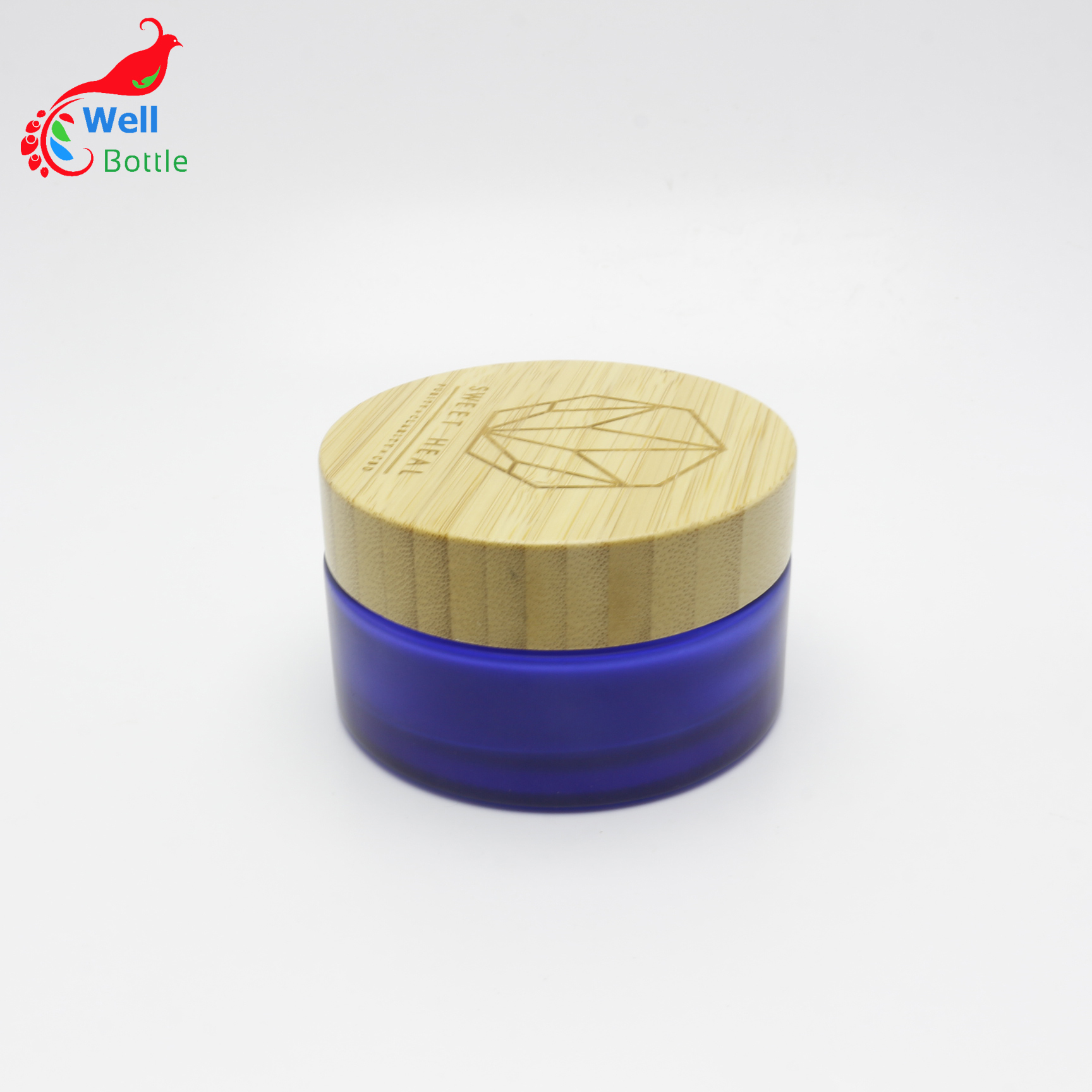 Cosmetic packaging bamboo 100ml frosted blue glass bottle cream jar wooden container  J144E