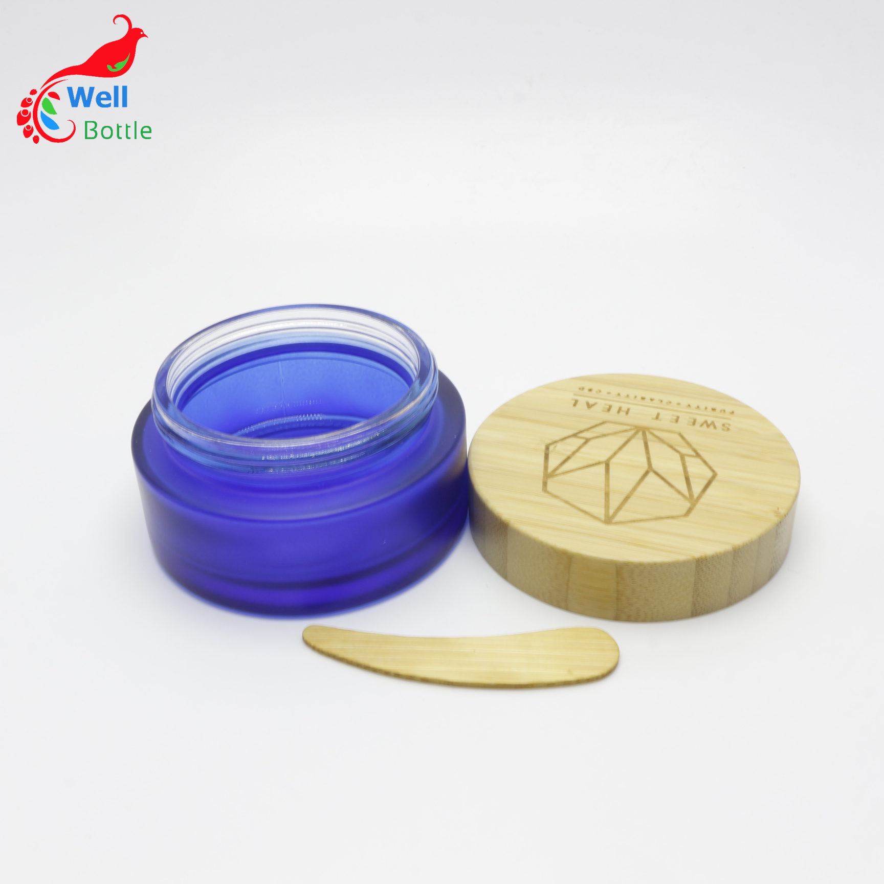Cosmetic packaging bamboo 100ml frosted blue glass bottle cream jar wooden container J144E
