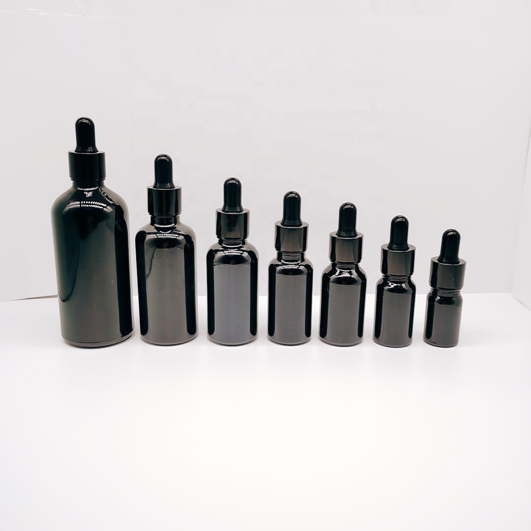 Cosmetic packaging black glass essential oil bottle with black dropper cosmetic dropper bottle products