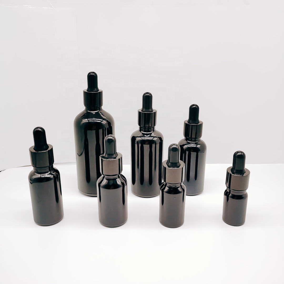 Cosmetic packaging black glass essential oil bottle with black dropper cosmetic dropper bottle products