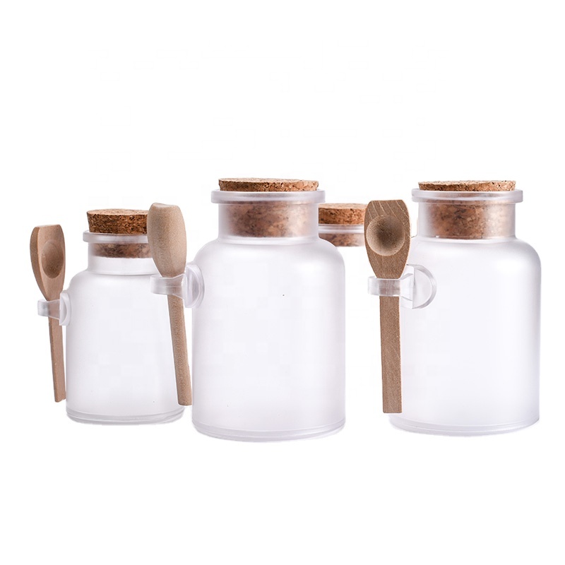 Cosmetic packaging body scrub 100ml 200ml 300ml 500ml Empty Plastic Bath Salt Jar with cork with bamboo spoon