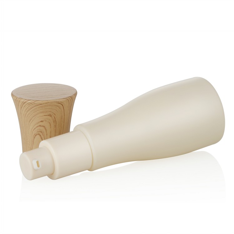 Cosmetic packaging custom unique shape 50ml cosmetic glass bottle with bamboo cap and lotion pump
