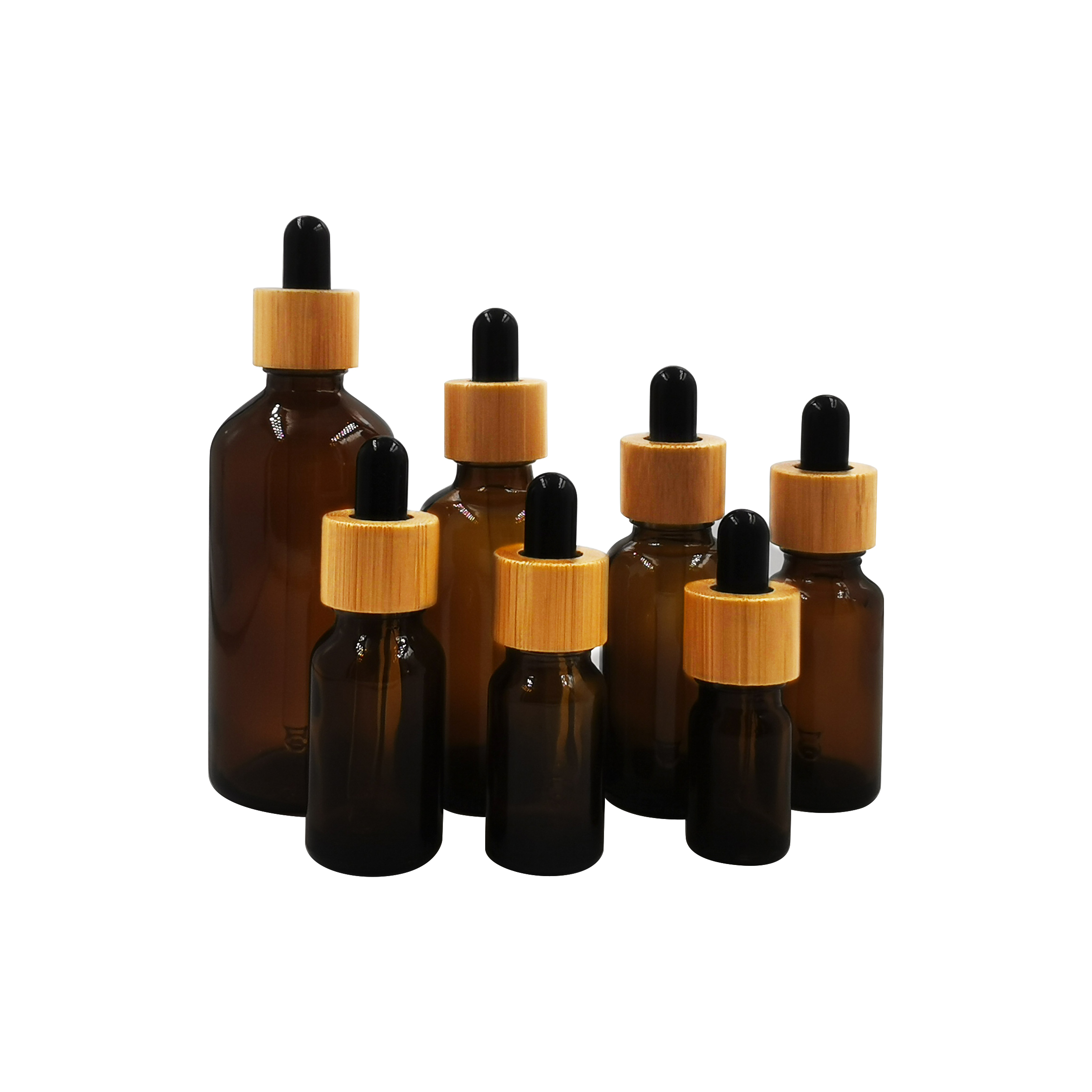 Cosmetic packaging design 10ml 15ml 30ml 50ml 100m 1oz empty amber black essential oil glass dropper bottles with bamboo lids
