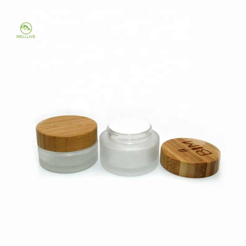 Cosmetic packaging eco friendly 5ml 15ml 30ml 50ml 100ml frosted bamboo jar bamboo cosmetic jars glass jars with wood lid