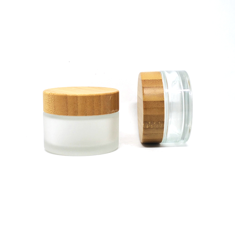 Cosmetic packaging face cream bamboo lid frosted glass cream jar 50ml with wooden screw caps