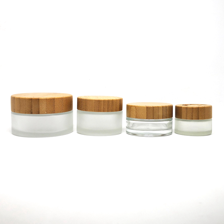 Cosmetic packaging face cream bamboo lid frosted glass cream jar 50ml with wooden screw caps