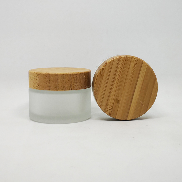 Cosmetic packaging face cream bamboo lid frosted glass cream jar 50ml with wooden screw caps