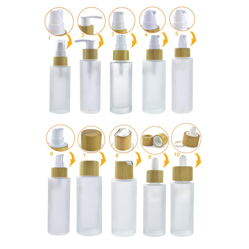 Cosmetic packaging flat shoulder clear frosted glass pump bottle with Bamboo wooden cap 30ml 50ml 100ml 120ml 150ml