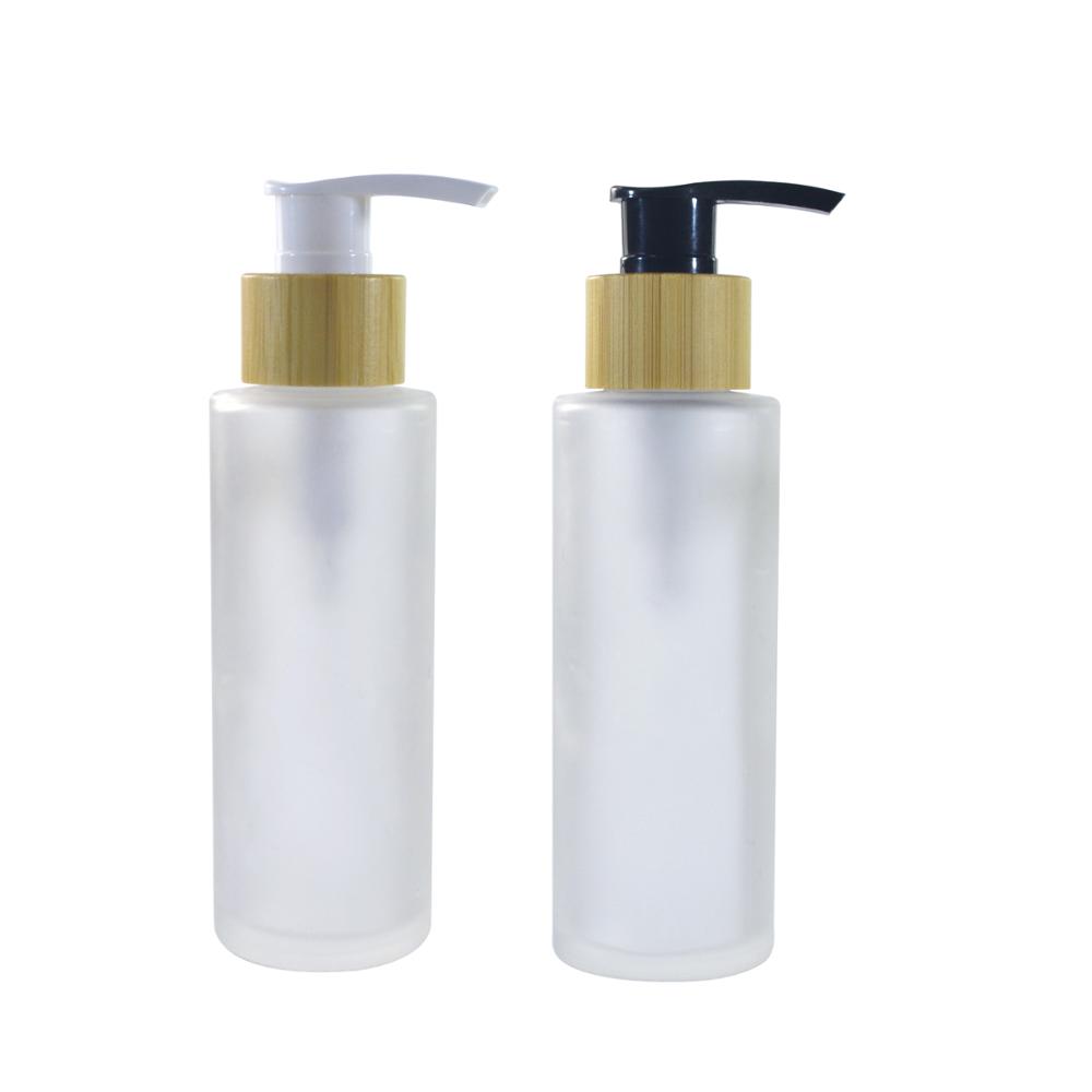 Cosmetic packaging flat shoulder clear frosted glass pump bottle with Bamboo wooden cap 30ml 50ml 100ml 120ml 150ml