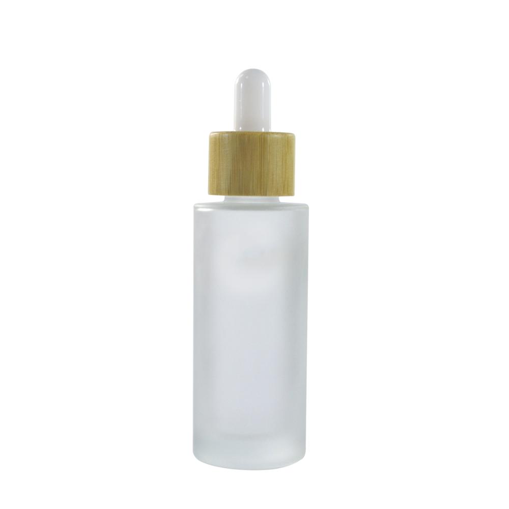 Cosmetic packaging flat shoulder clear frosted glass pump bottle with Bamboo wooden cap 30ml 50ml 100ml 120ml 150ml