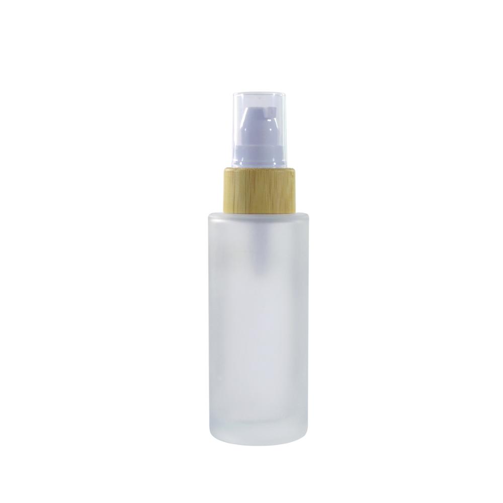 Cosmetic packaging flat shoulder clear frosted glass pump bottle with Bamboo wooden cap 30ml 50ml 100ml 120ml 150ml