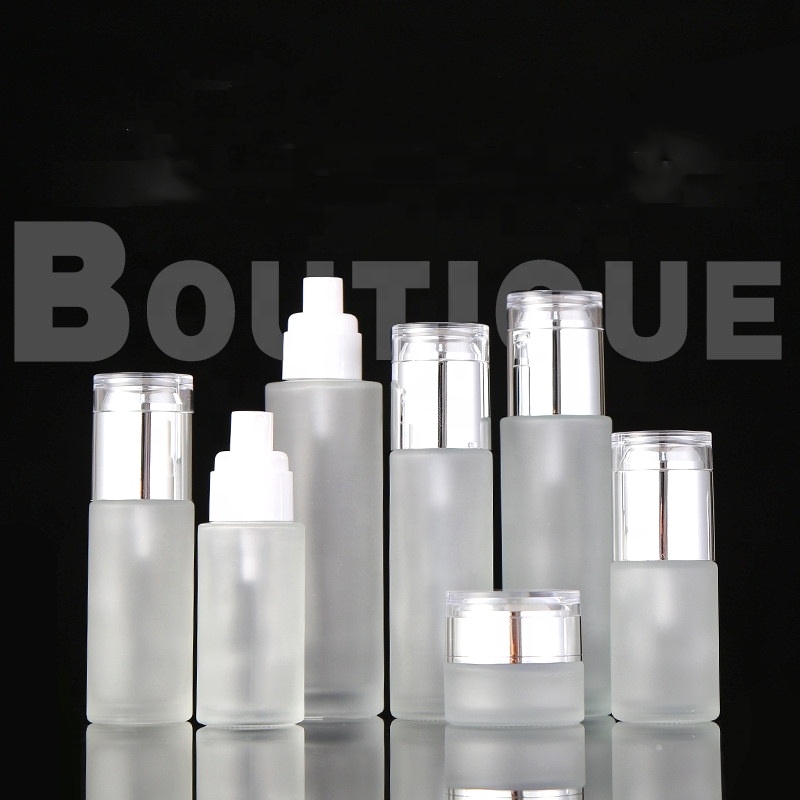 Cosmetic packaging frosted glass foundation dispenser serum spray pump bottle and cream jars