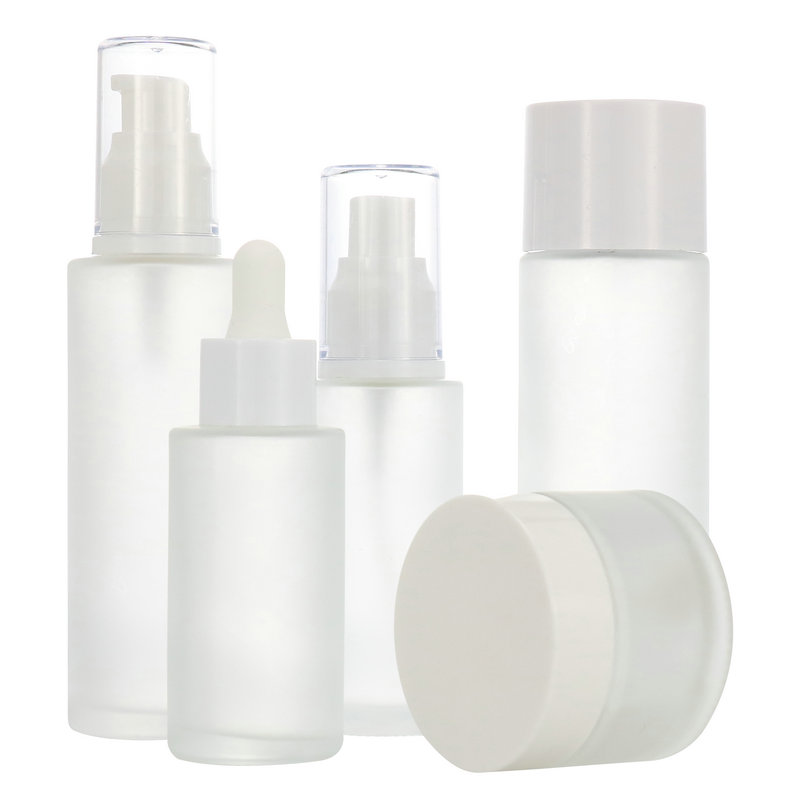 Cosmetic packaging frosted matte clear glass bottle 20ml 30ml 60ml 100ml 120ml body lotion bottle flat shoulder cylinder bottle