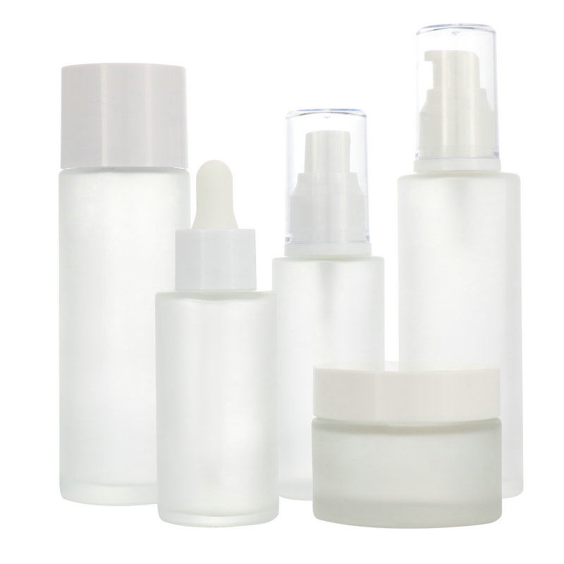 Cosmetic packaging frosted matte clear glass bottle 20ml 30ml 60ml 100ml 120ml body lotion bottle flat shoulder cylinder bottle