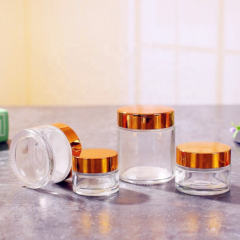 Cosmetic packaging glass jar shea butter jar straight sided glass jar metal lid peanut butter
