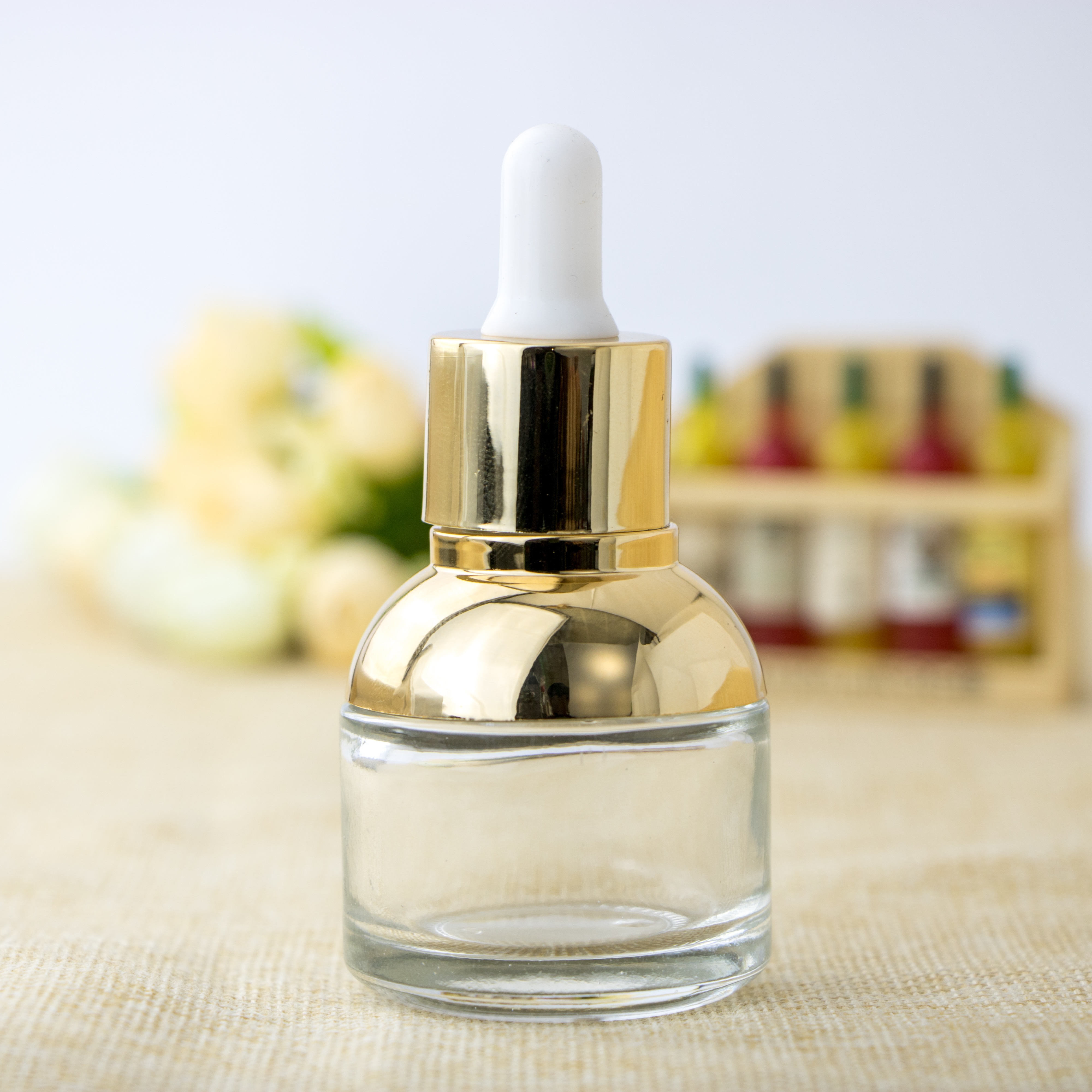Cosmetic packaging golden shoulder semicircle transparent essential oil glass bottle with dropper