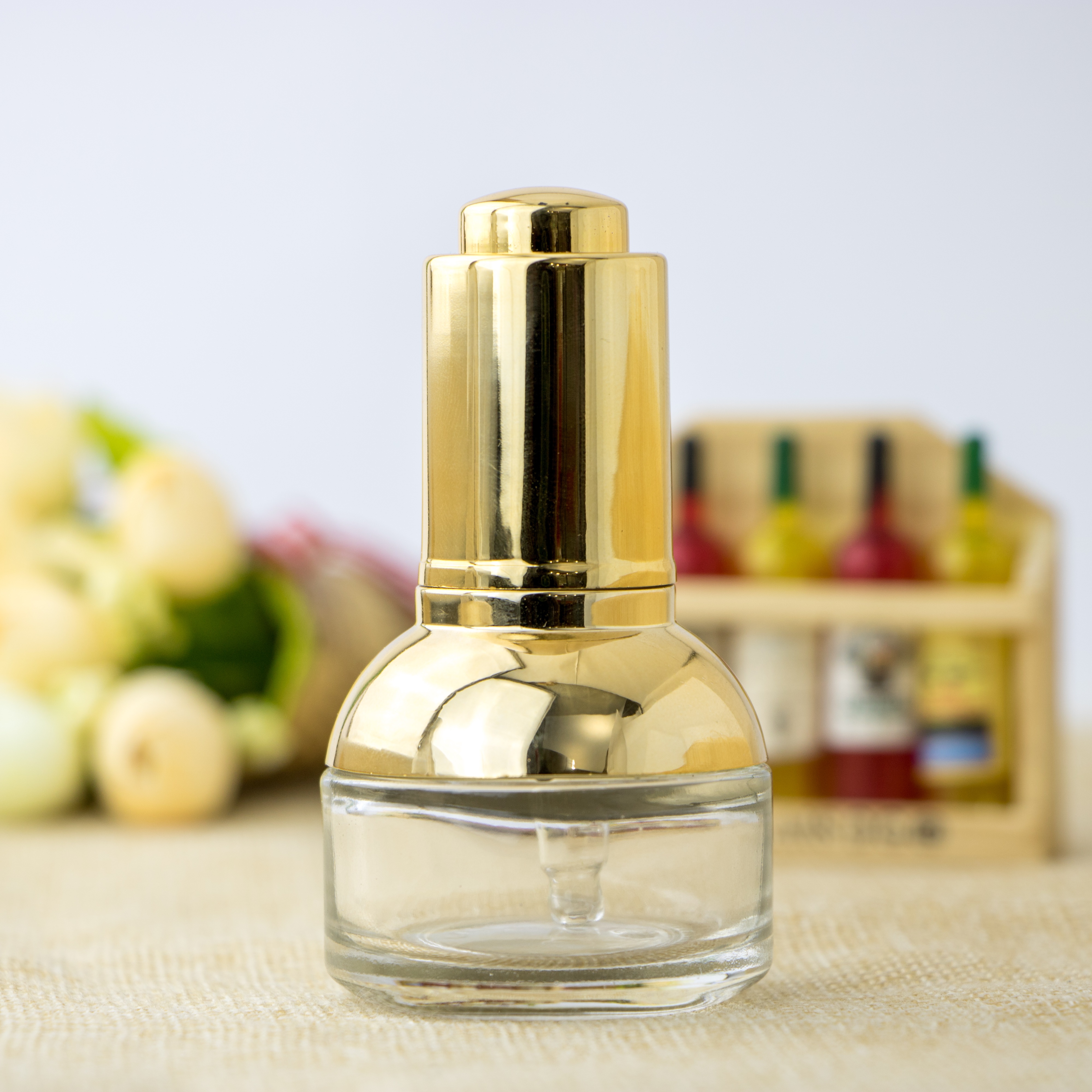 Cosmetic packaging golden shoulder semicircle transparent essential oil glass bottle with dropper