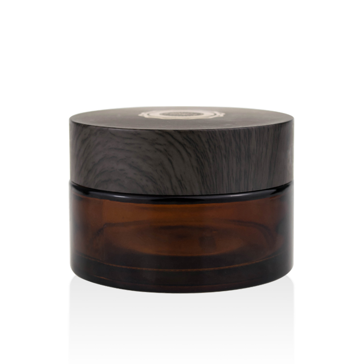Cosmetic packaging luxury 30g 50g 100g amber cream jar packaging with faux wood lid