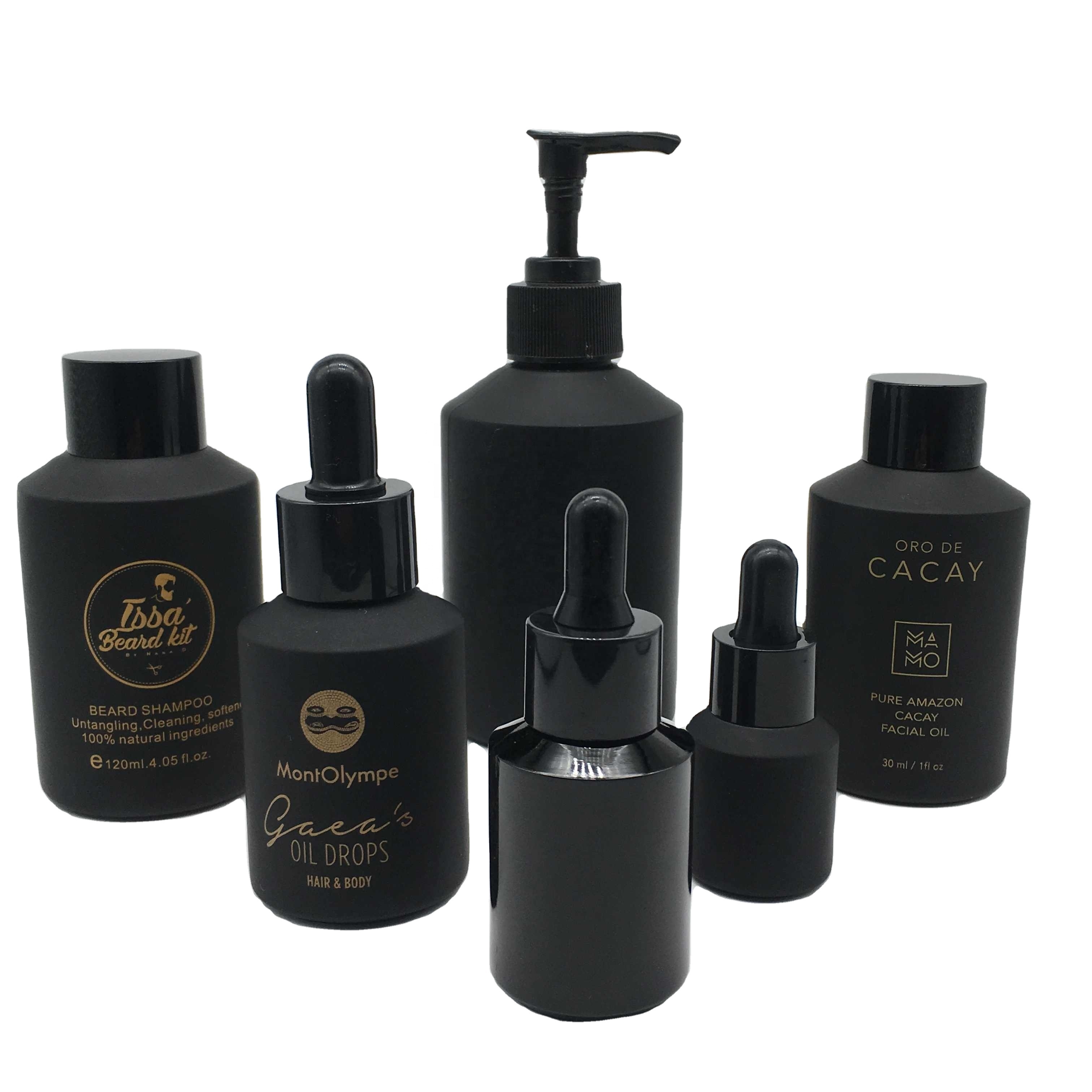 Cosmetic packaging slant shoulder frosted black skin care set glass bottle cosmetic bottle products