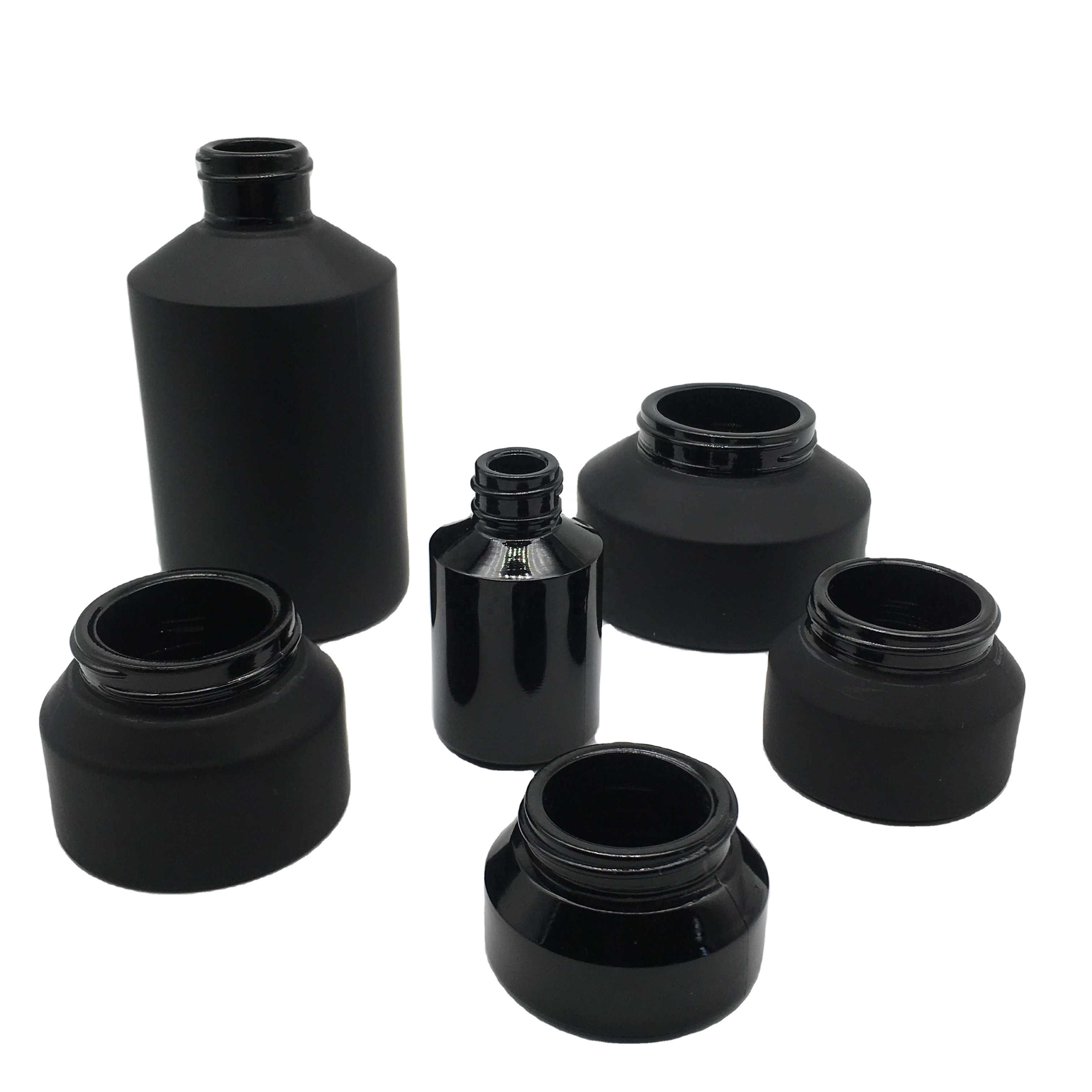 Cosmetic packaging slant shoulder frosted black skin care set glass bottle cosmetic bottle products