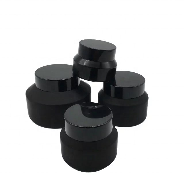 Cosmetic packaging slant shoulder frosted black skin care set glass bottle cosmetic products with black dropper and jar with lid