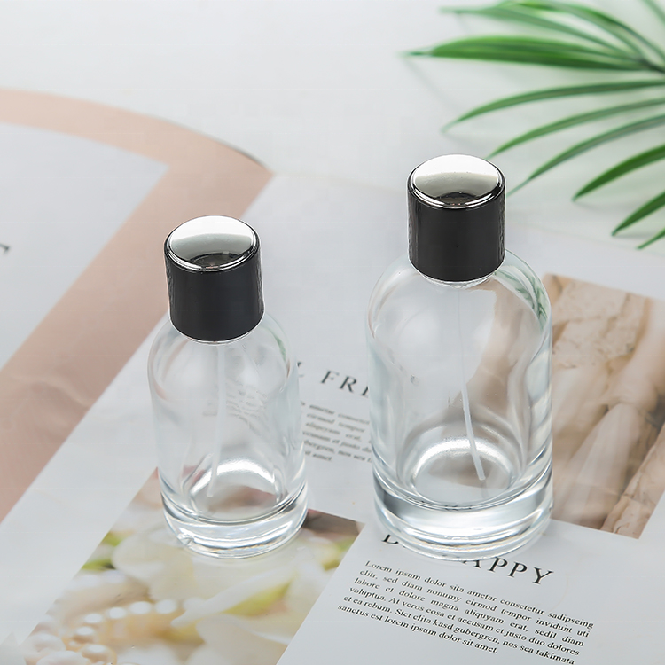 Cosmetic packaging spray pump bottle glass 50ml luxury perfume bottle with black lid
