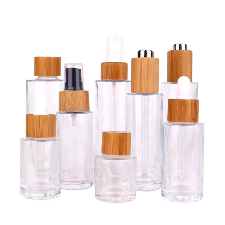 Cosmetic packaging wooden lid glass serum bottle with bamboo dropper 10ml 15ml 30ml 50ml 100ml