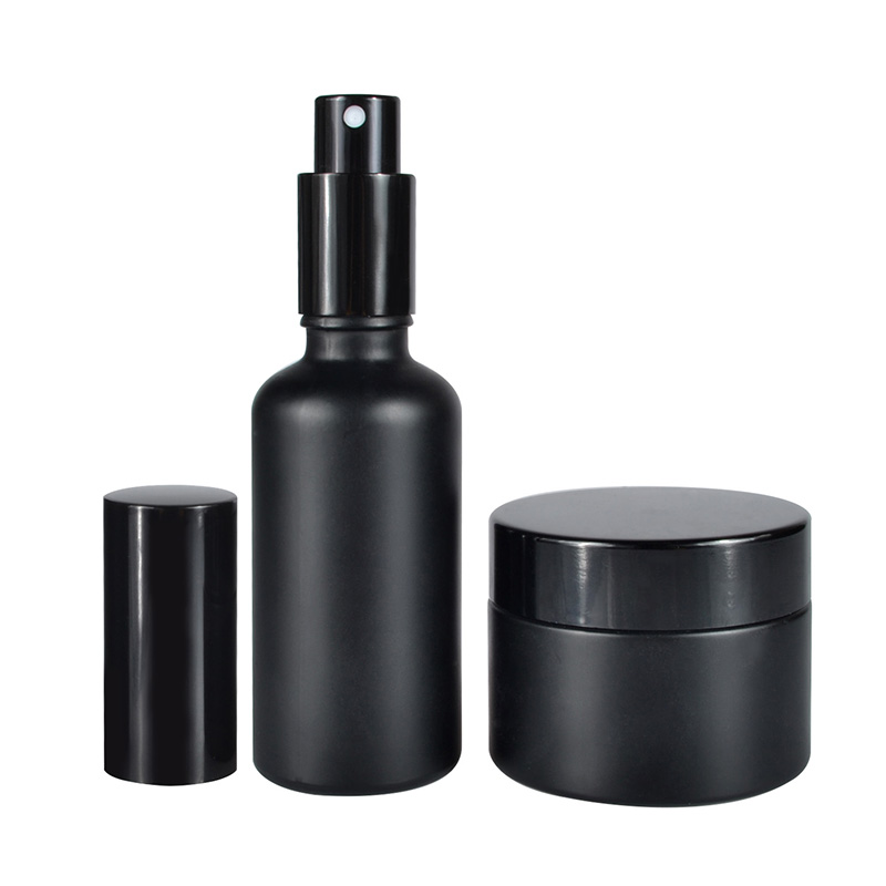 Cosmetic packing essential oil 15ml 30ml 50ml 60ml 100ml perfume glass spray bottle 15ml 30ml 50ml matte black glass cream jar