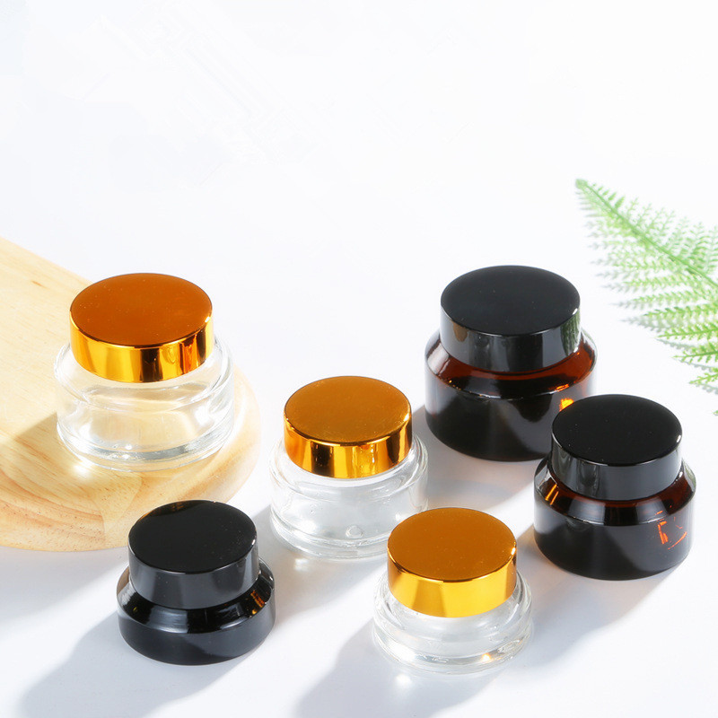 Cosmetic packing stock 15g 30g 50g slanted cream jars amber clear round cosmetic glass container jar