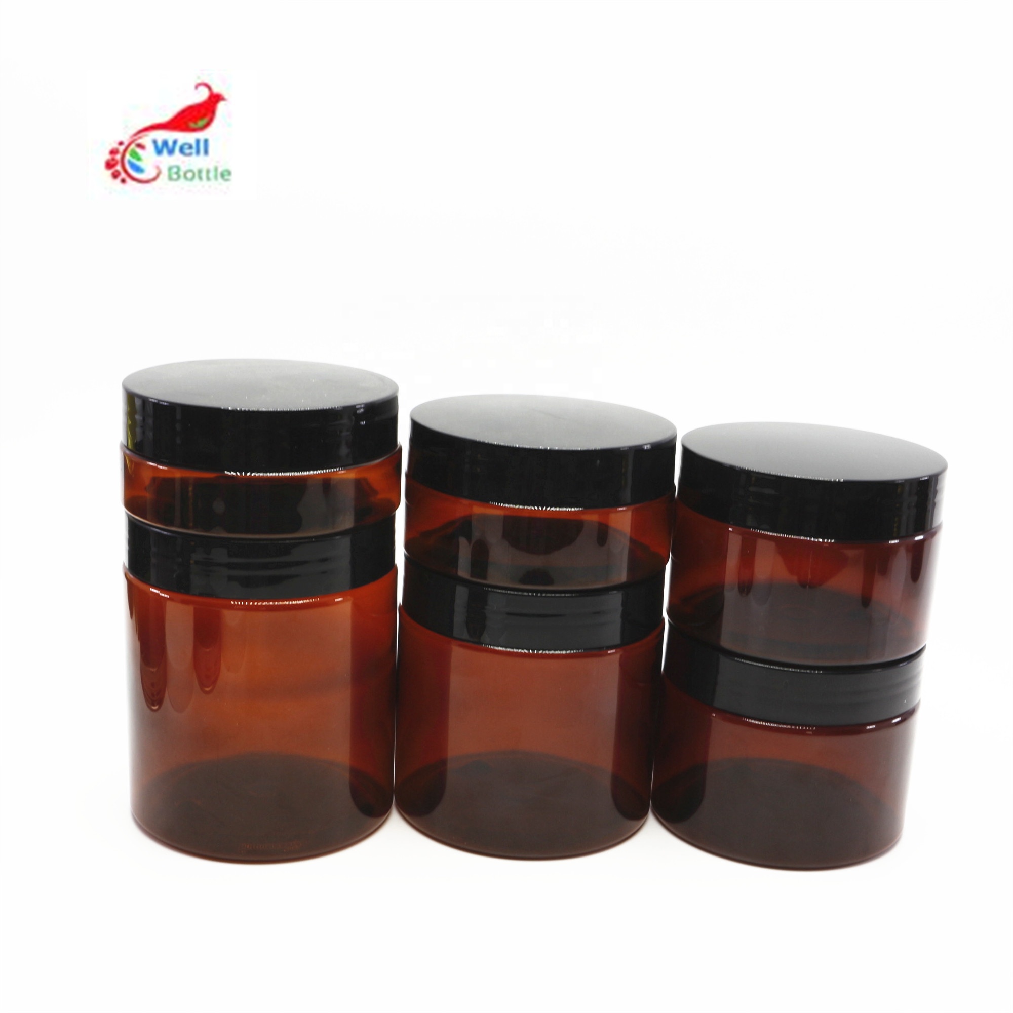 Cosmetic plastic 50ml 100ml 120ml 150ml amber Pet jar with plastic black lids in stock PL-38K