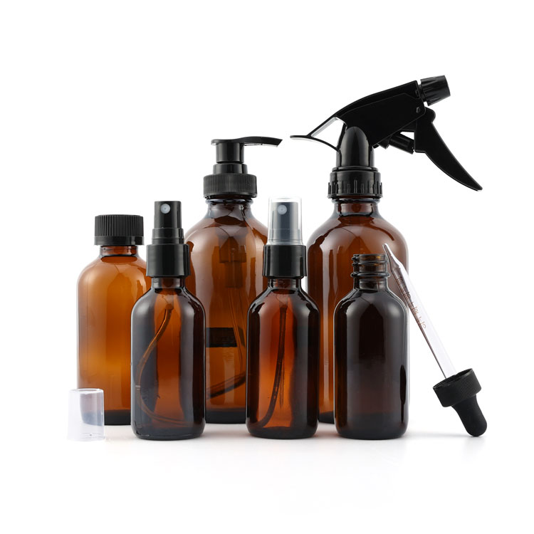 Cosmetic pump bottle 15 ml 30 ml 60 ml 120 ml amber clear boston round glass bottle with pump sprayer