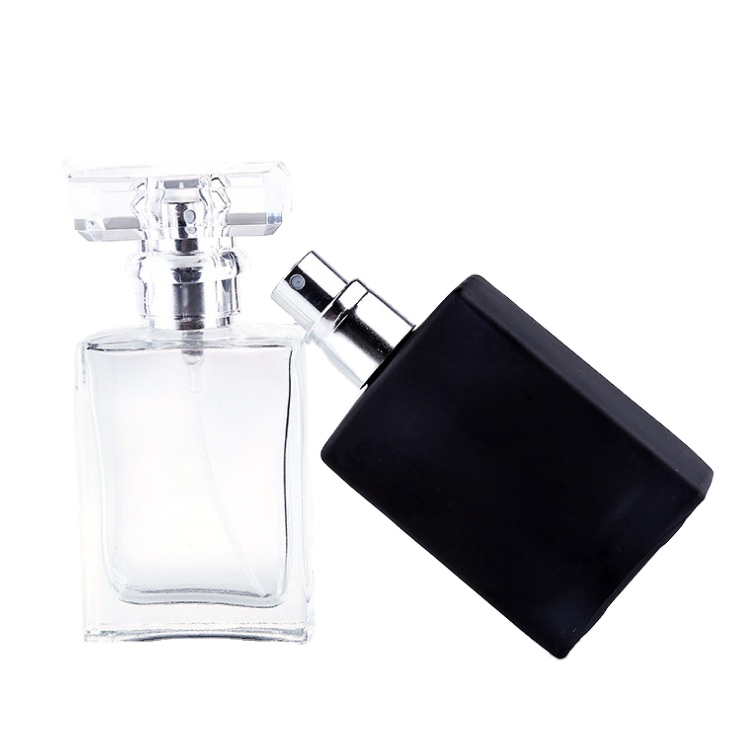 Cosmetic rectangle matte black 30ml 50ml refillable glass perfume spray bottle with aluminum spray pump cap
