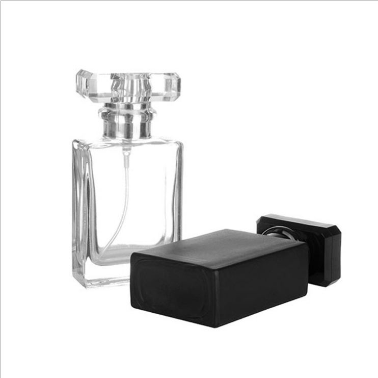 Cosmetic rectangle matte black 30ml 50ml refillable glass perfume spray bottle with aluminum spray pump cap