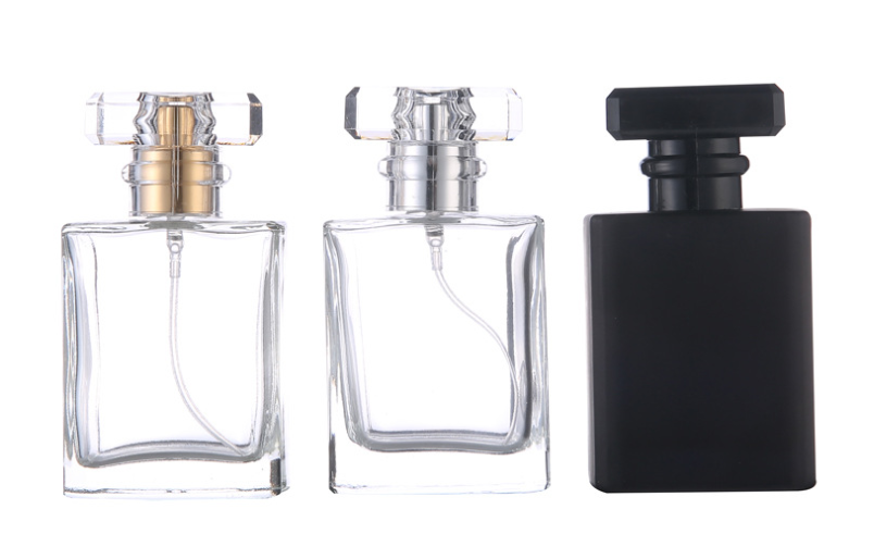 Cosmetic rectangle matte black 30ml 50ml refillable glass perfume spray bottle with aluminum spray pump cap