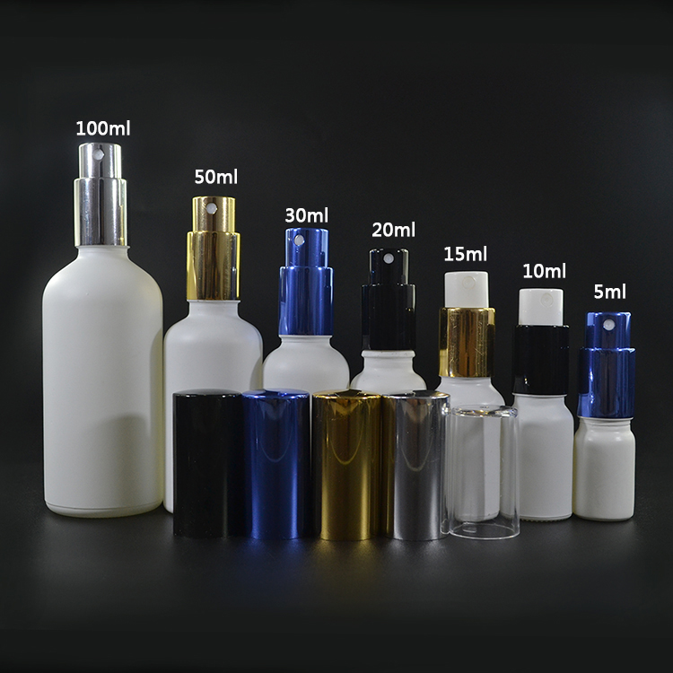 Cosmetic round frosted green amber black 30ml 50ml 100ml refillable glass perfume spray bottle with aluminum spray pump cap