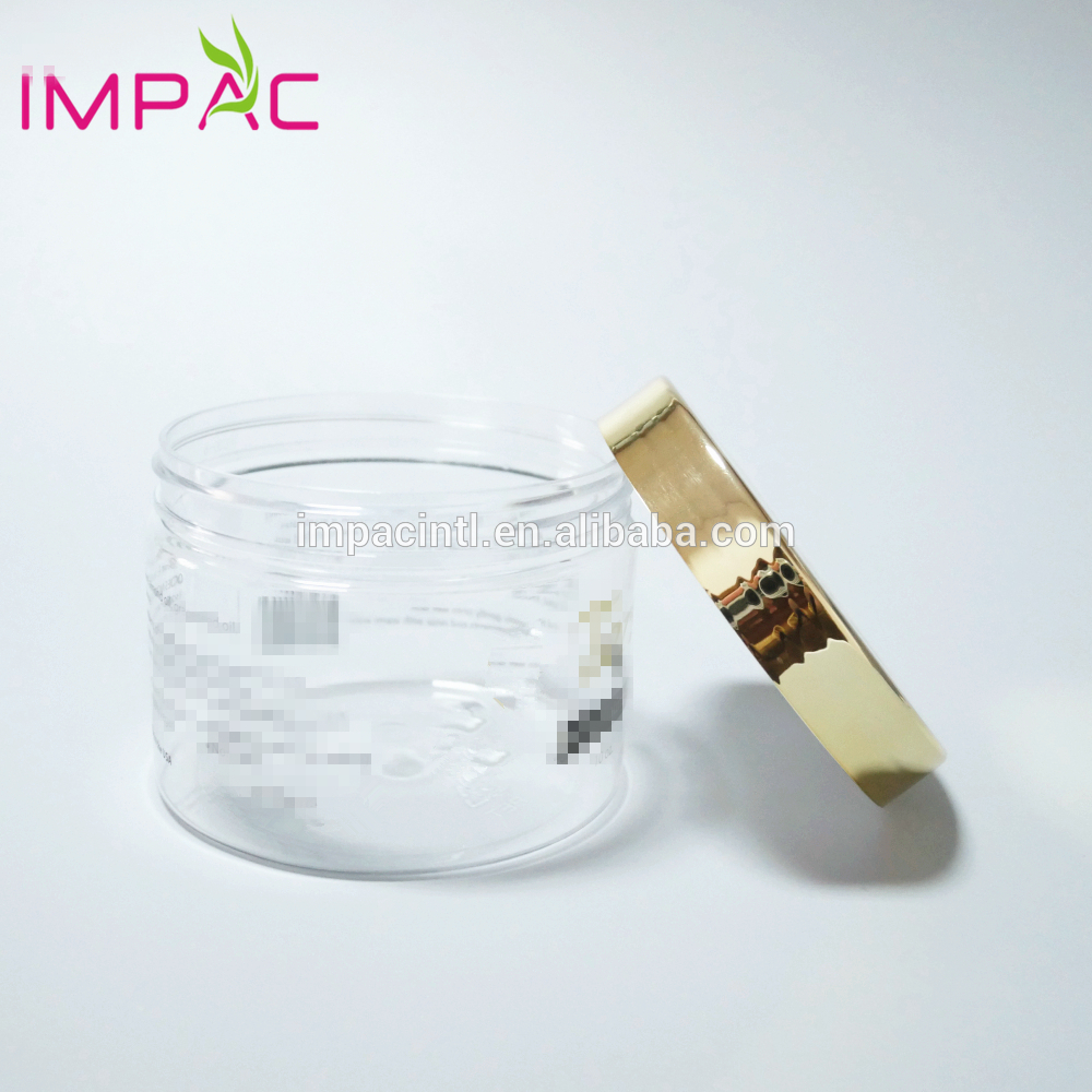 Cosmetic round large clear PET 300ml plastic jar with UV gold cap