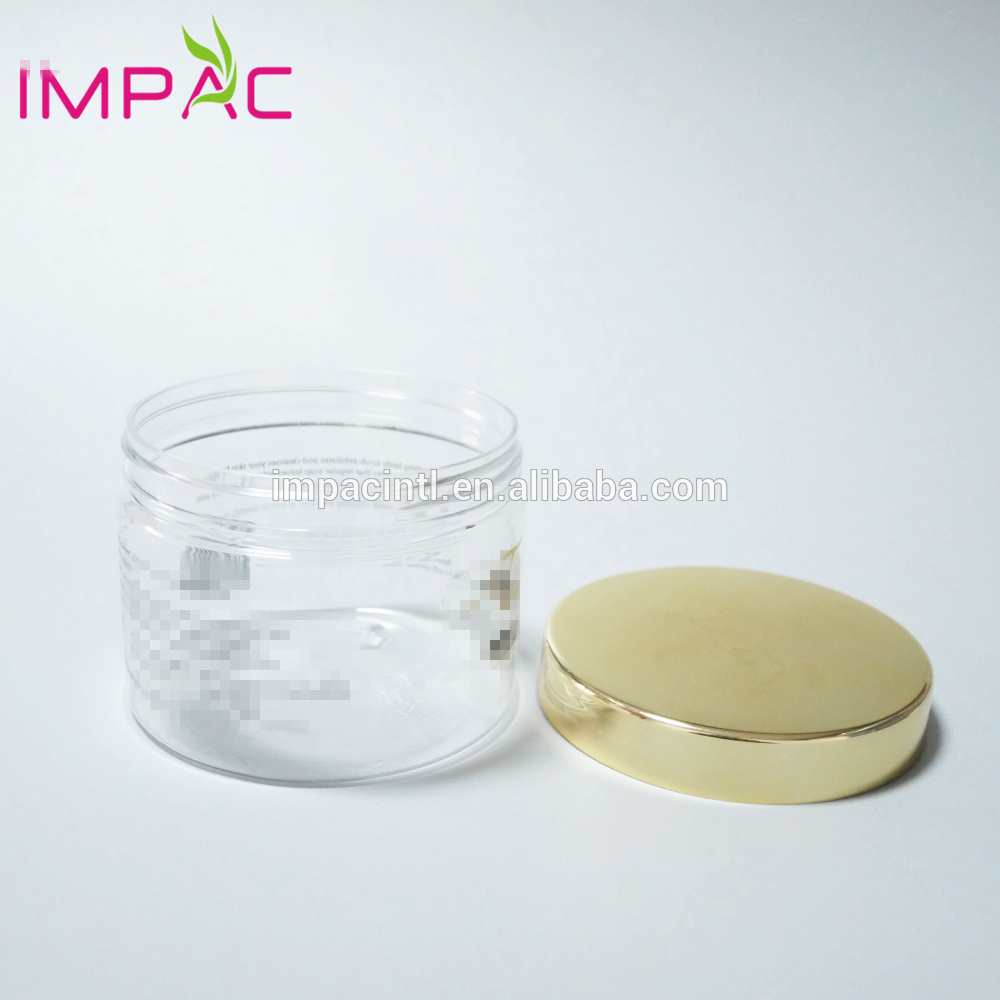 Cosmetic round large clear PET 300ml plastic jar with UV gold cap