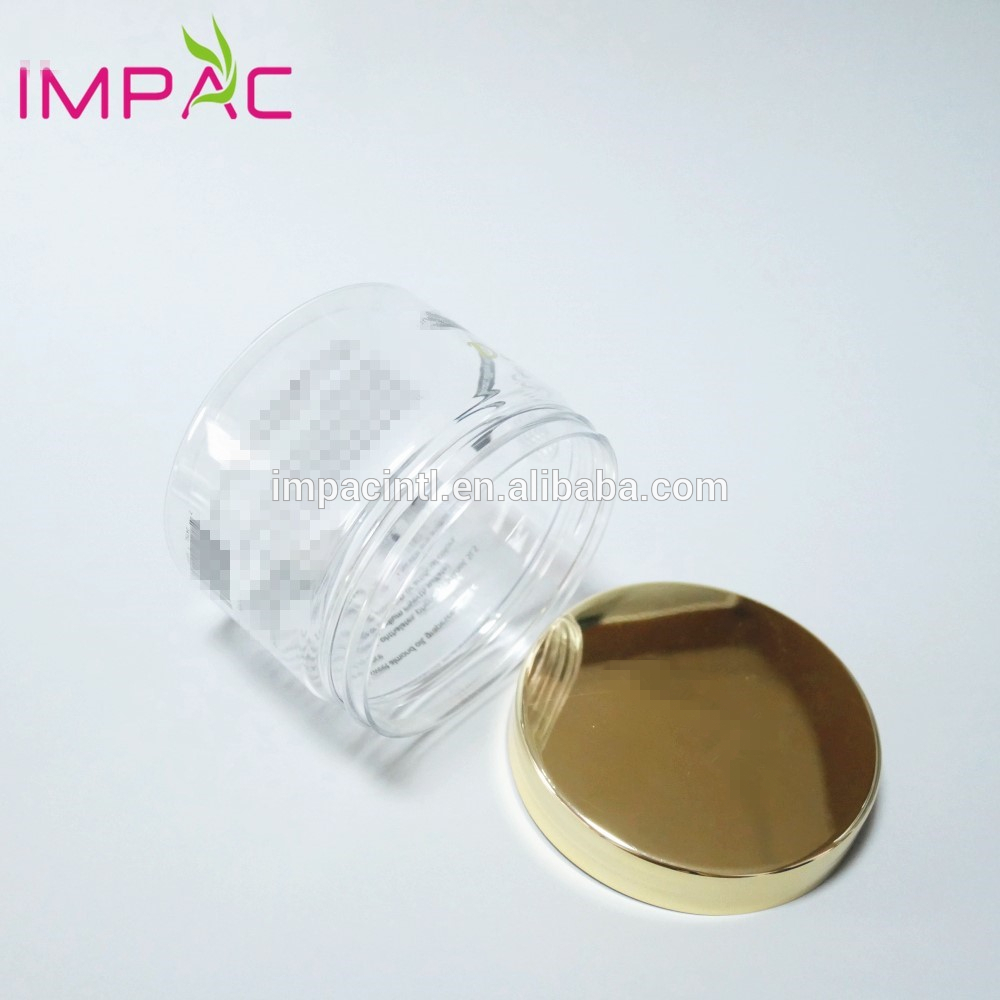 Cosmetic round large clear PET 300ml plastic jar with UV gold cap