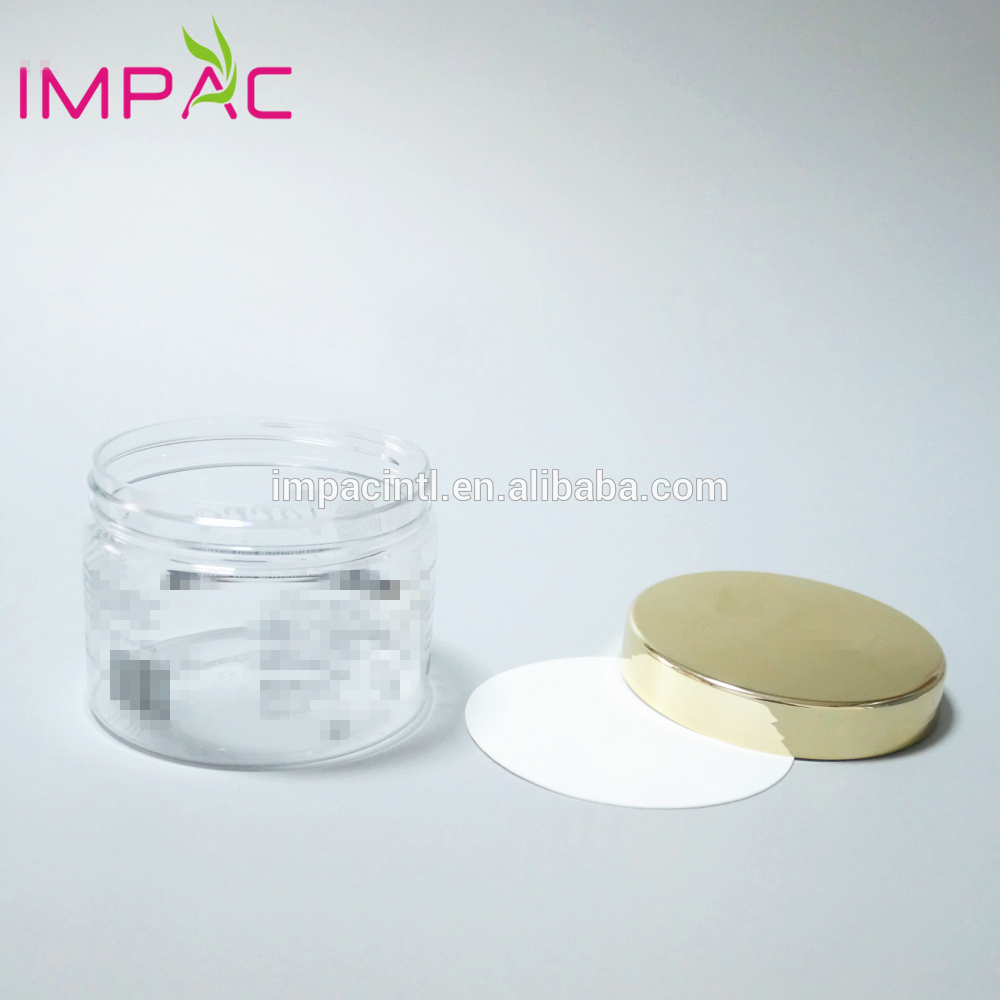 Cosmetic round large clear PET 300ml plastic jar with UV gold cap
