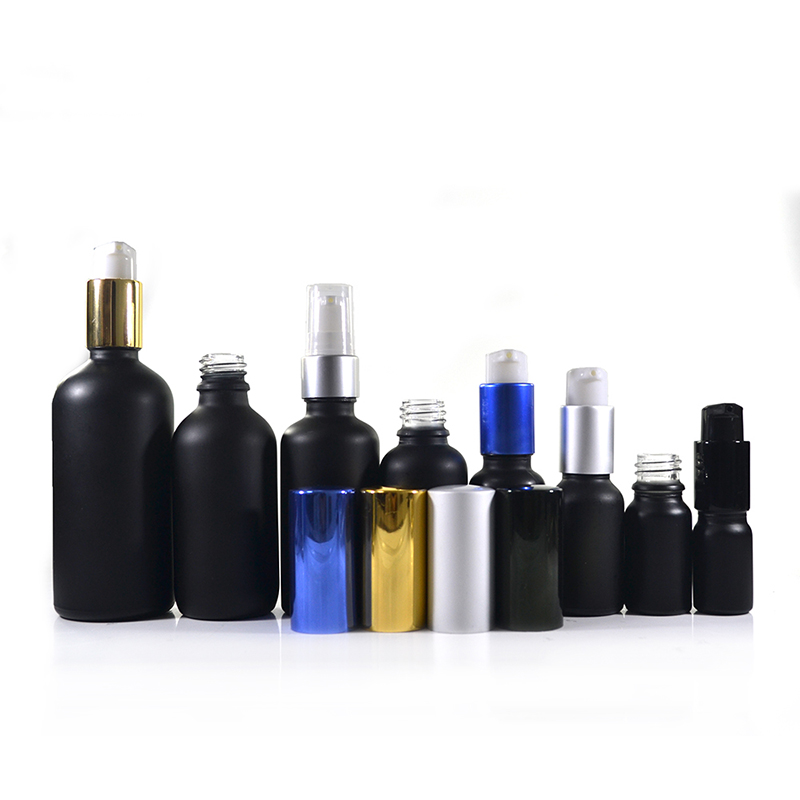 Cosmetic round matte black 30ml 50ml 100ml refillable glass perfume spray bottle with aluminum spray cap