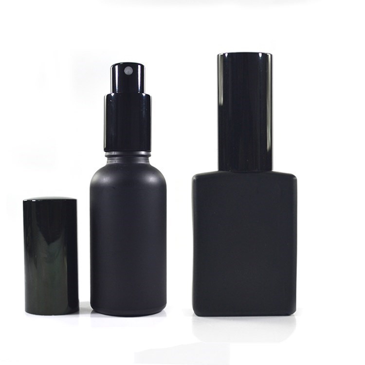 Cosmetic round rectangle  Violet  matte black 30ml 50ml 100ml refillable glass perfume spray bottle with aluminum spray pump cap