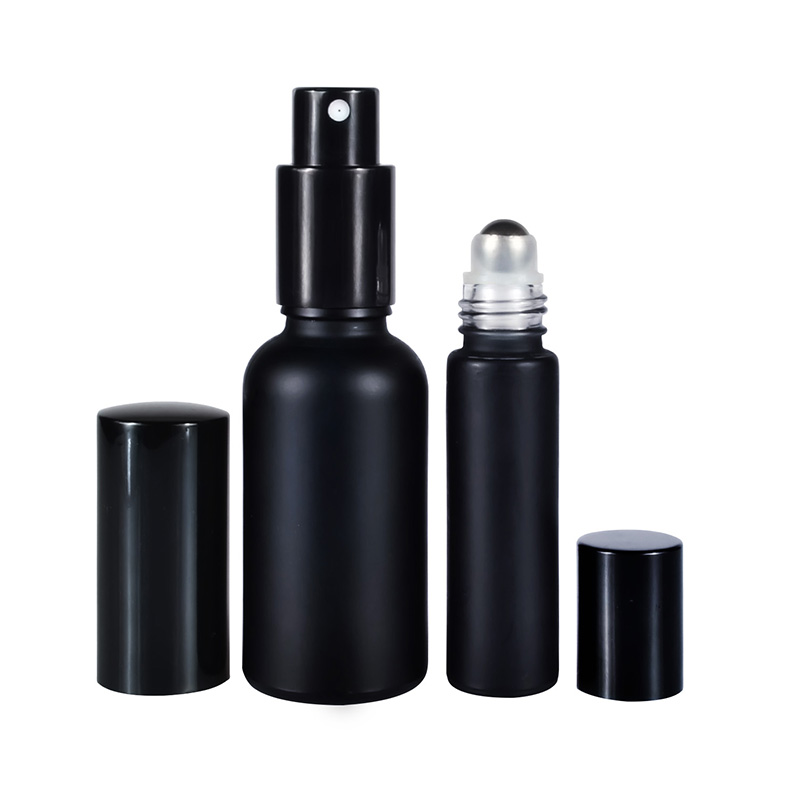 Cosmetic round rectangular matte black 30ml 50ml 100ml refillable glass perfume spray bottle with aluminum spray pump cap