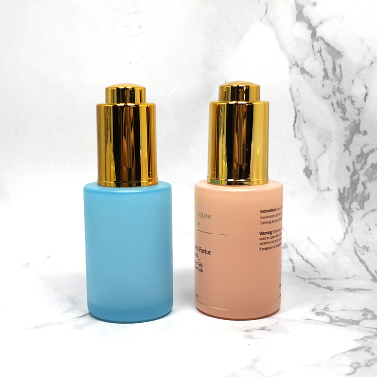 Cosmetic serum oil packaging 30ml pink orange blue flat glass dropper bottle with push pump